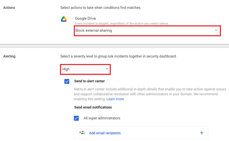 Select the actions and alerts to enforce in Google Workspace