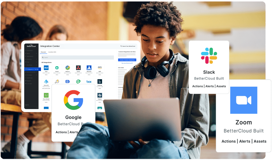 Image of a student in a hallway with a laptop, surrounded by BetterCloud integration icons Image of a student in a hallway with a laptop, surrounded by BetterCloud integration icons