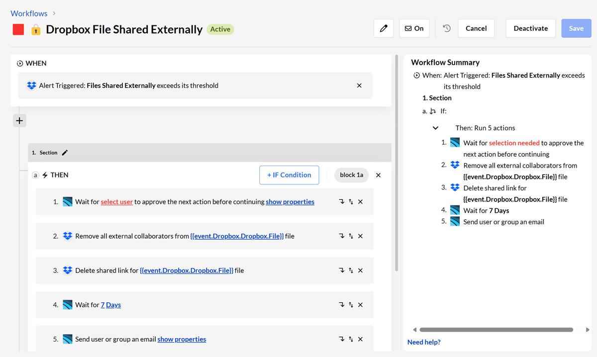 BetterCloud's User Automation Module: Dropbox file shared externally workflow