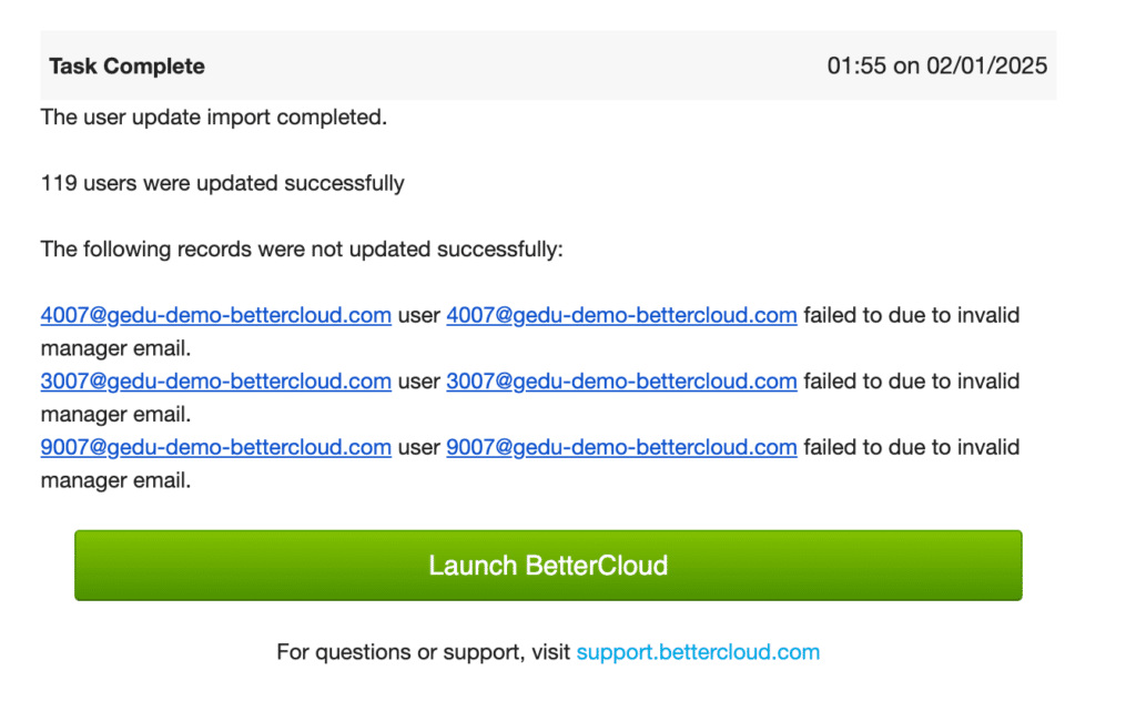 The notification in BetterCloud when users have been updated, finishing the bulk edit