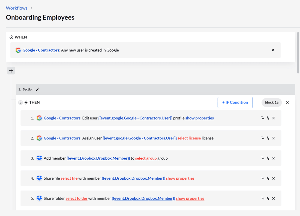 onboarding contractor dropbox access BetterCloud's User Automation Module: Workflow featuring onboarding a contractor with Dropbox access