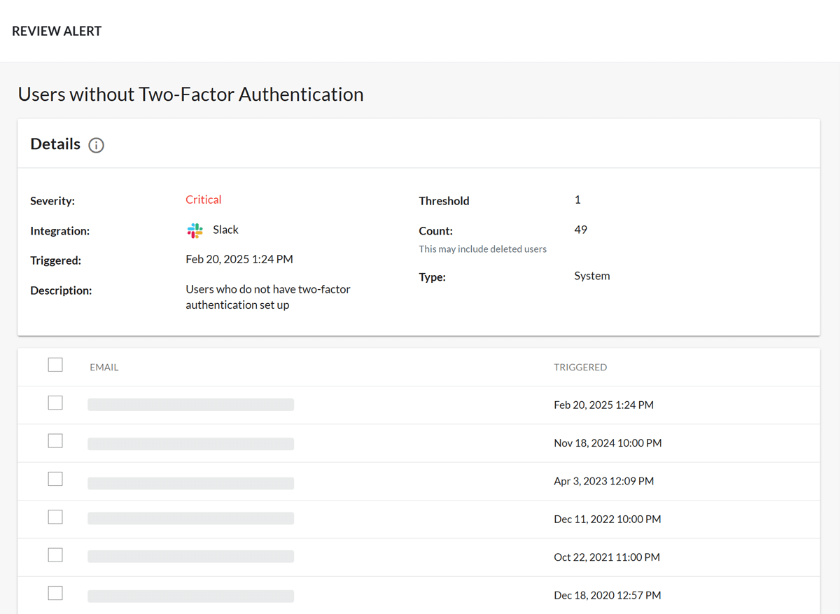 BetterCloud User Automation module: User two factor authentication alert